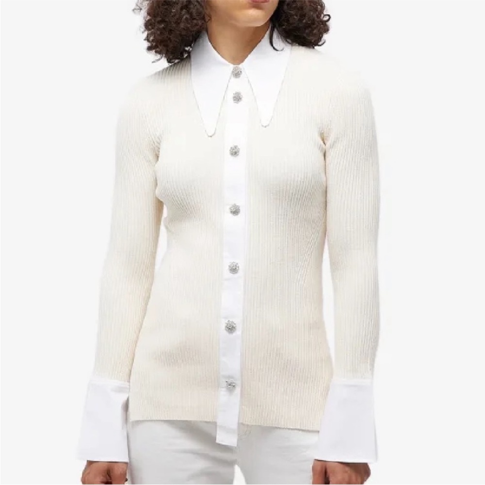 Ganni Crystal-button Cream Ribbed Button-Up knit top with White Collar and Cuffs